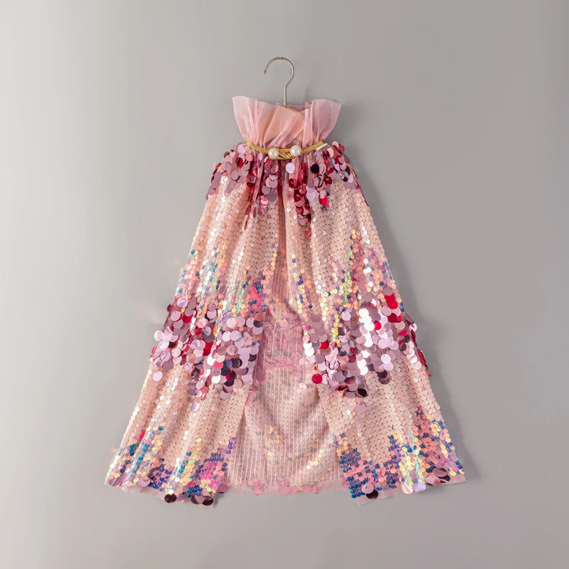 Magischer Glitzer-Umhang für Mädchen, glitzernder Pailletten-Prinzessinnen-Umhang mit Knopfverschluss, geeignet für Verkleidung, Party, Abschlussball, Show und Geschenk – Detail 1