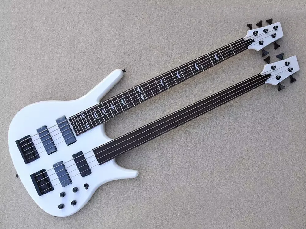 White Body 5+4 Strings Double Neck Electric Bass Guitar ,black Hardware