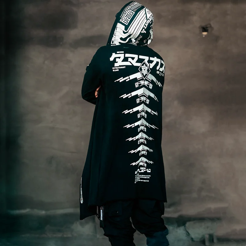 Trench Coat Casual Men Jacket Men Dark Punk Tactical Techwear Style High Street Trench Coat Y2K Technology Design Sense Print Long Sleeve Zipper Jackets Cape