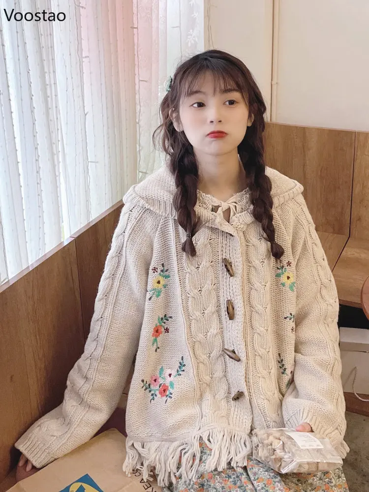 Mori Girl Style Vintage Flower Embroidery Hooded Knitted Cardigan Women