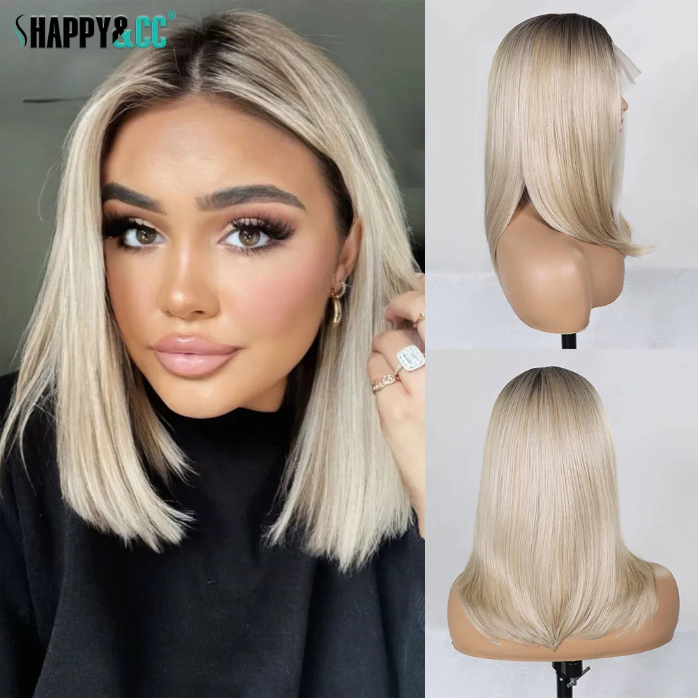 Ash Blonde Bob Synthetic Lace Front Wig Dark Roots Short Straight Colored Blonde for Women Daily Use Synthetic Wig