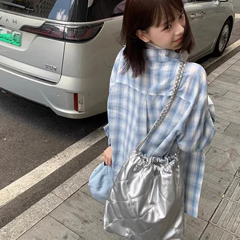 Korean New Blue Plaid Shirt Jacket for Women Spring and Summer New Lazy Style Sunscreen Shirt Cotton Linen Top 1