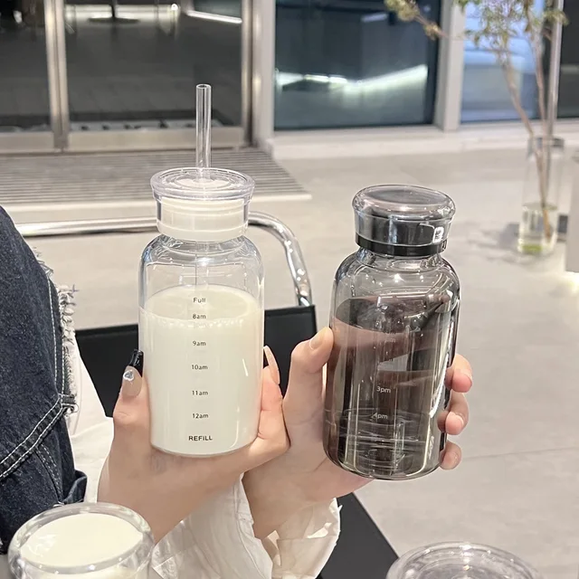 300/500/750ml Large Glass Water Bottle with Straw 2 Lids Clear Kawaii Drinking Bottle Leakproof Iced Coffee Cup for Woman Girl 2