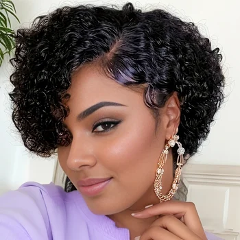  Short Pixie Cut  Deep Curly Bob 13x4X1 T Part Lace Front Human Hair Wigs For Women Brazilian Remy Hair Wigs 1
