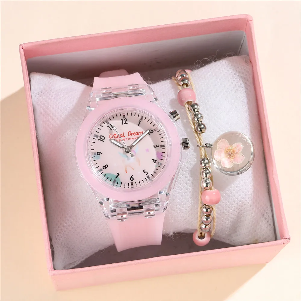 Children Watches Glow at Night Quartz CLOCK Silicone Band Cute Girls Primary School Wristwatch With Bracelet 3
