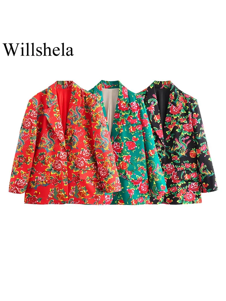 

Willshela Women Fashion With Pockets Printed Single Breasted Blazer Vintage Notched Neck Long Sleeves Female Chic Lady Outfits