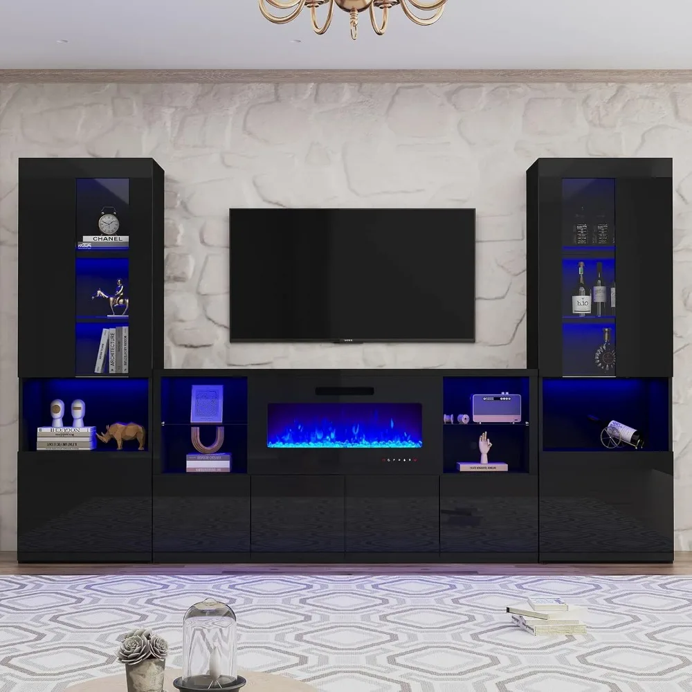 3 Piece Modern High Gloss Fireplace TV Stand + Bookcase Set for Living Room Includes 68" TV Stand with 40" Fireplace 5