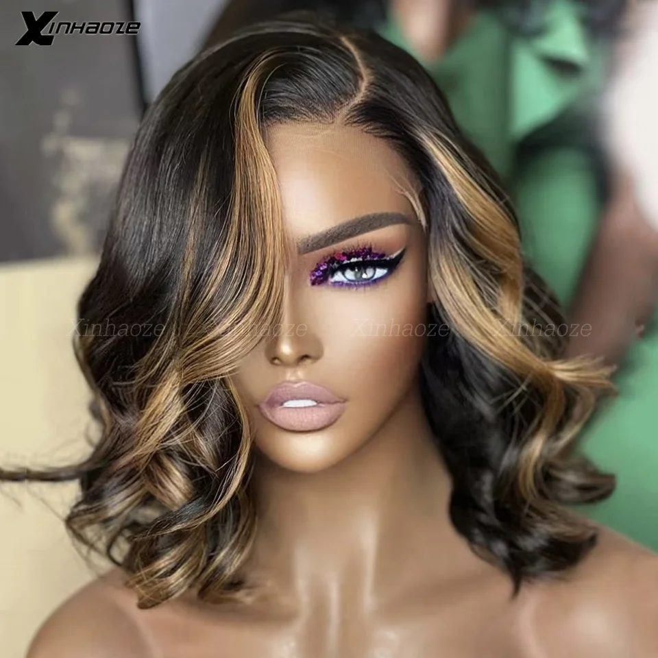 

Highlight Short Bob Wig Human Hair 13x6 Lace Frontal Wigs Ombre Brown Blonde 180% Density Remy Brazilian Wave 5x5 Silk Top Wigs