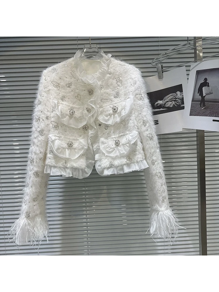 

HIGH STREET Newest 2024 Fashion Designer Jacket Women's Flower Water Diamond Button Mink Fleece Short Jacket