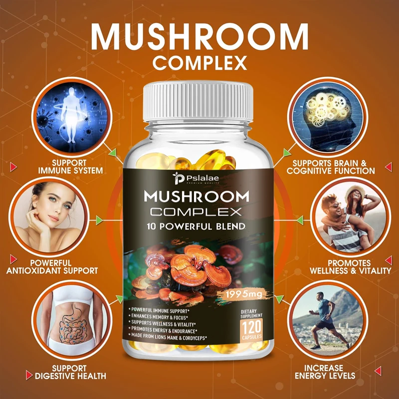 Mushroom Complex Capsules-Lions Mane Chaga Reishi Cordyceps-Support Immune System Memory Focus and Relieve Stress