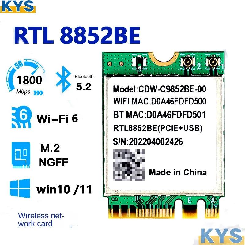 RTL8852BE 듀얼 밴드 2.4G/5G WIFI6 802.11ax 와이파이 카드, 1800M BT5.2 모듈 네트워크 NGFF M.2 노트북 PC 지지대 Win10/Win11 용, 신제품