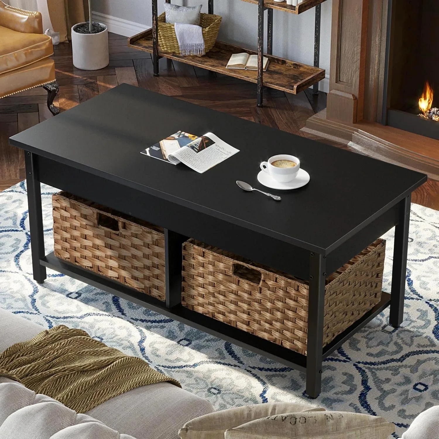 Coffee Table with Lift Top, Hidden Storage Compartment and 2 Rattan Baskets, 41.7" Retro Central Table with Wooden Tabletop 2