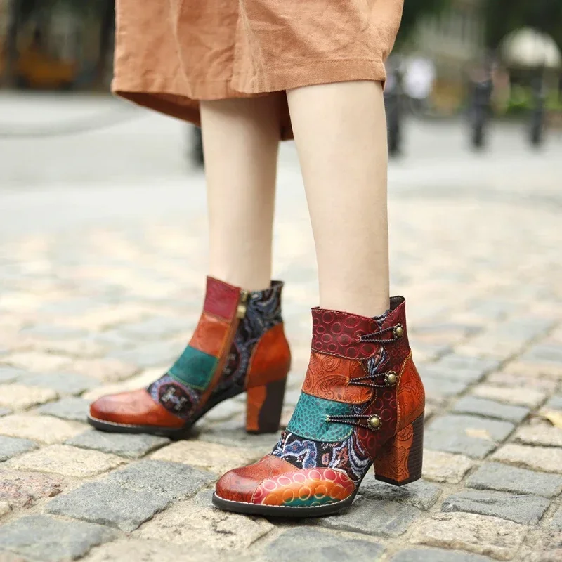 

6cm New In Women's Boots Cloth Genuine Leather Luxury Elegance Plus Size Autumn Spring Ankle Chunky Heels Ladies Shoes