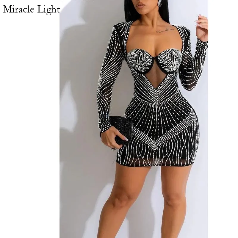 

Evening Dress Sparkly Backless Diamond Sheer Mesh Mini Sexy Party Club Long Sleeve Clothing Package Hip Bodycon Dresses Women