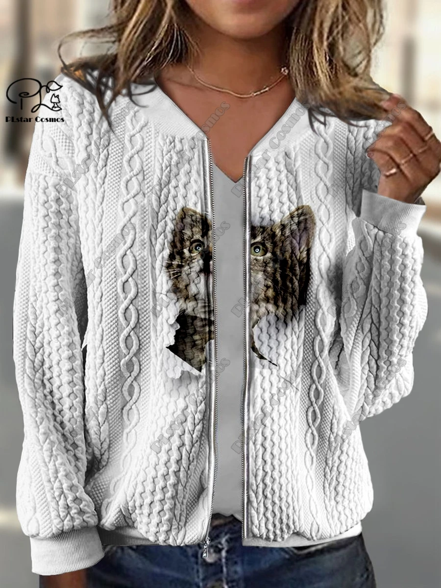 New 3D printed animal series alpaca cat dog fox pattern printed women's jacket threaded texture casual authentic short coat