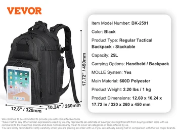 VEVOR 25/40/45L Backpack with Molle Design&Sponge Pad for Men and Women Range Gear Backpack for Outdoor Adventure Hiking Hunting 6