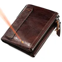 Genuine Leather Short Men RFID Wallets Name Engraving Leather Card Holder Brand Men Purse Retro Coin Pocket Zipper Male Wallet 1