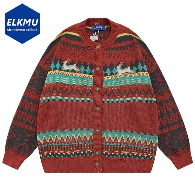 Vintage Oversized Cardigan Knitted Sweater Men National Style Fall Winter  Loose Sweaters Y2K Harajuku Streetwear Sweater