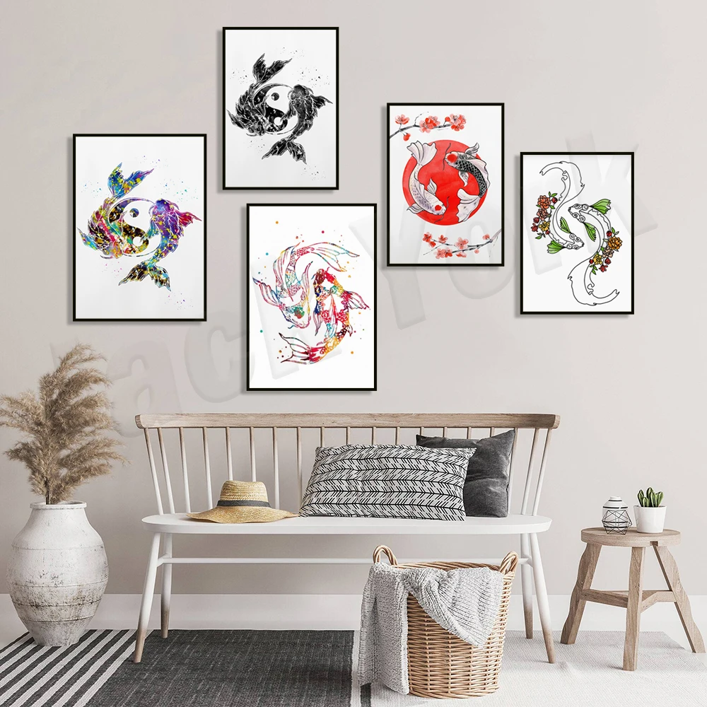 

Koi Watercolor Painting, Yin Yang Spirituality Buddhist Koi Poster, Chinese Carp Poster, Goldfish Poster Wall Art Gift