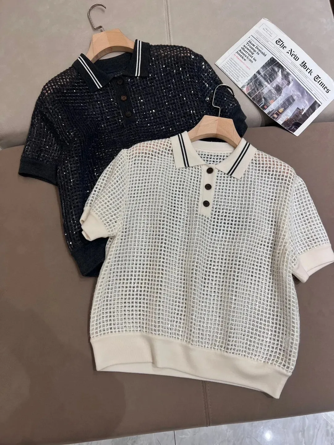 

Women's short skirt set, hollow jacket, knitted cardigan, O-neck pullover, polo shirt, waist up skirt, 2024 Spring/Summer B * C