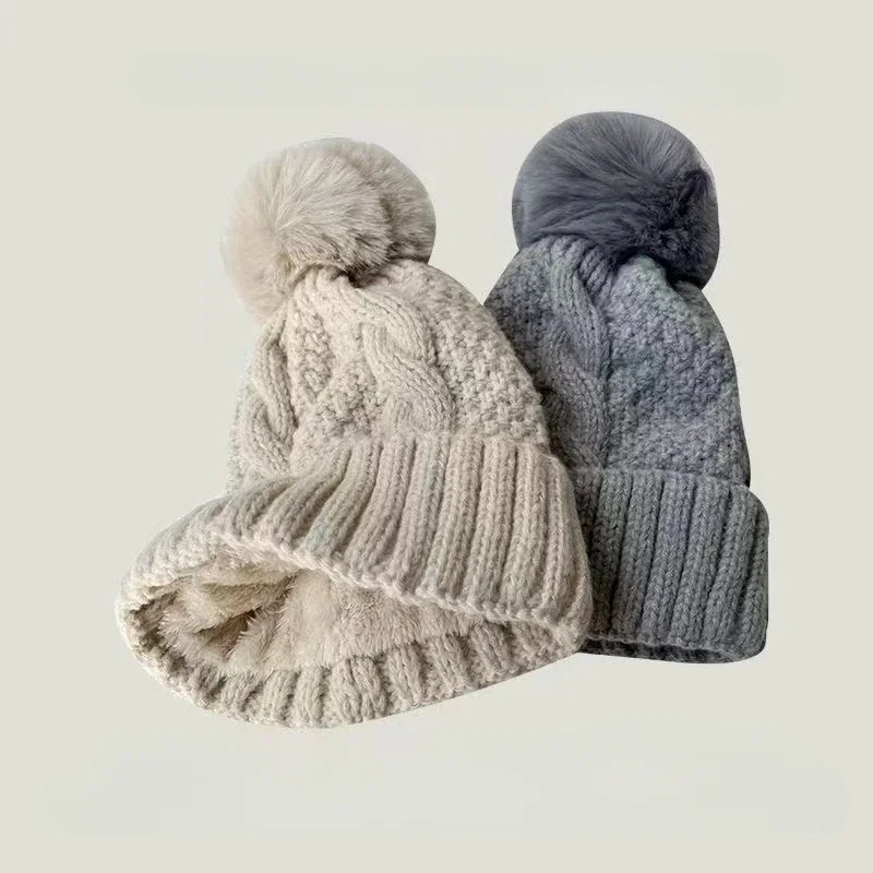 Winter Twist Knitting Hats Warm Fur Pompom Thick Plush Cap Beanies Solid Ladies Versatile Ski Snow Skullies Beanies Velvet Hat 3