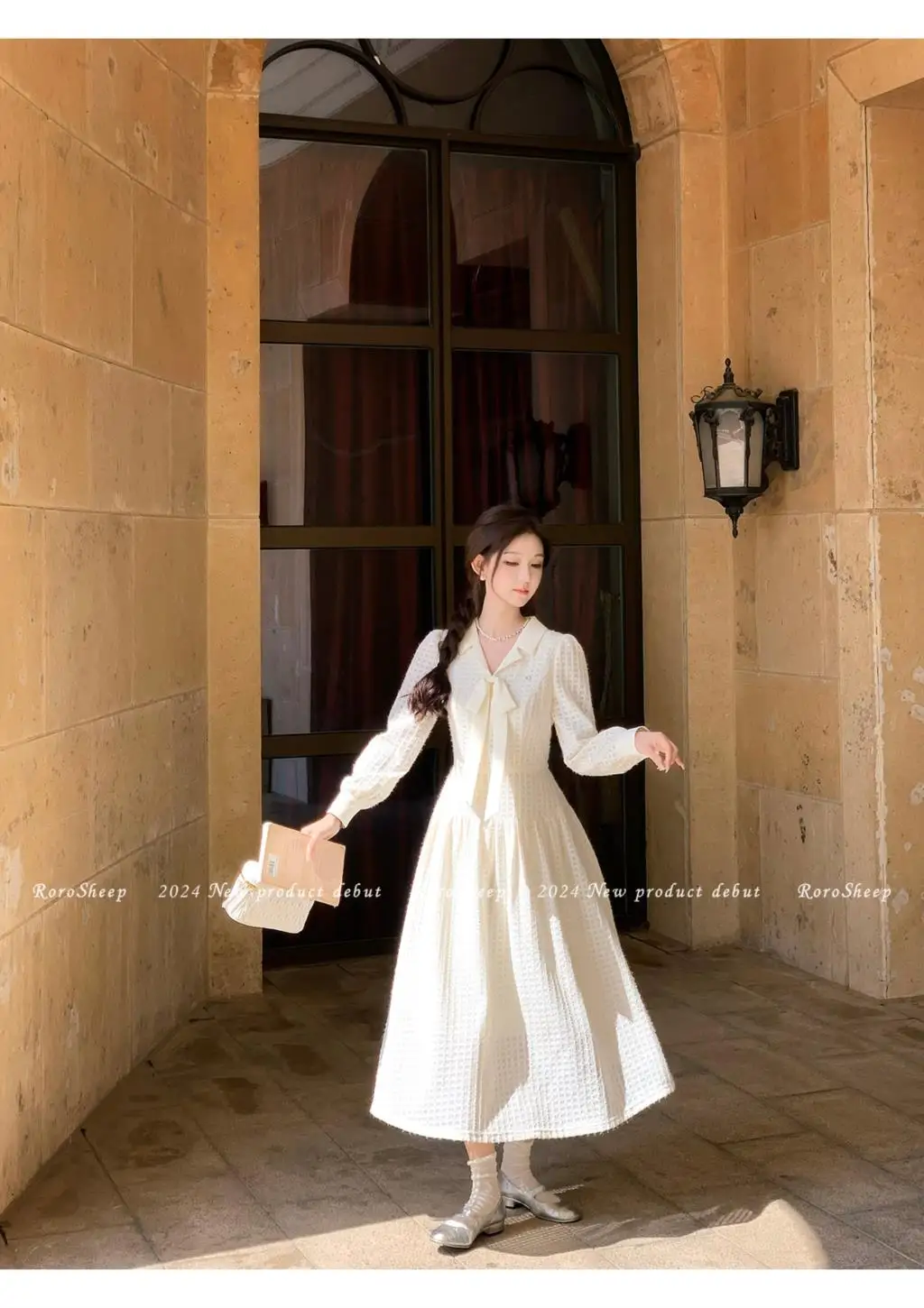 Elegant Vintage Lapel Midi Dresses for Women Bow Long Sleeve Birthday Party Dress A-line Autumn New Korean Fashion Vestido Mujer