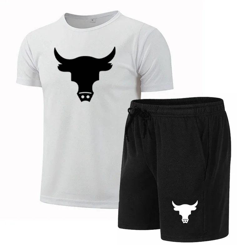 

Летняя Мужская дышащая футболка с коротким рукавом для фитнеса + шорты, быстросохнущая повседневная одежда для фитнеса из двух предметов, модный костюм