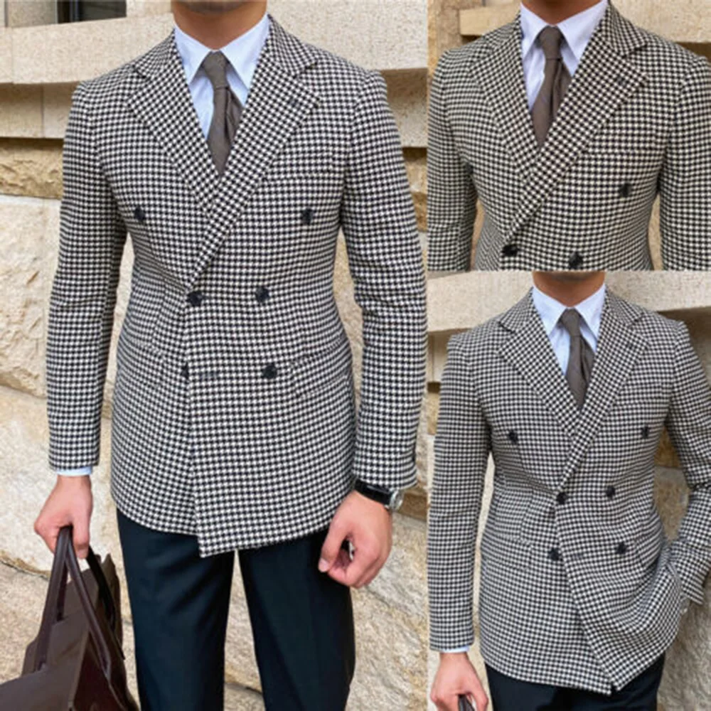 

Houndstooth Men's Suit Double Breasted Coat Notch Lapel Wedding Suit Custom Party Wedding Groom Suit Jacket