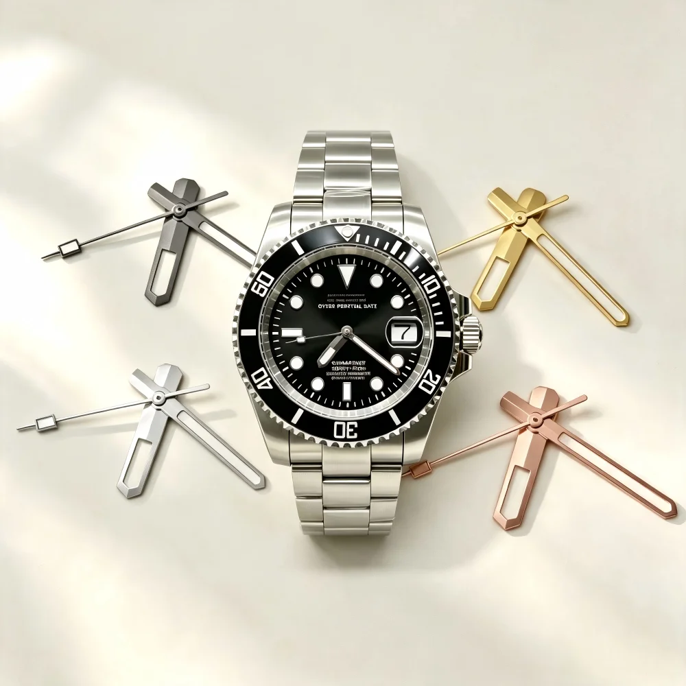 Luminous Green Silver & Rose Gold Watch Hands with Gun Metal Finish