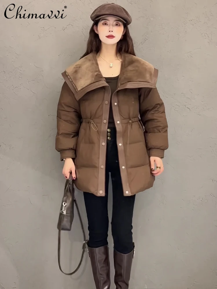 

European Large Lapel Waist Down Jacket Women's Winter New Korean Style Fashion Slim Elegant Warm Mid-Length White Duck Down Coat