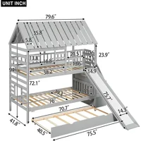 Kids Twin Over Twin Bunk Beds with Slide and Trundle, Solid Wood Bunk Bed Frame with Stairs and Storage,Roof and Window for Kids 2