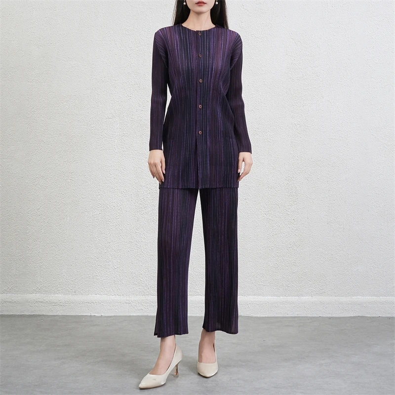 LANMREM Striped elastic Slimming High-End Set for Women 2025 Autumn New Fashion Casual Shirt and Pants Pleated Two-Piece Sets - Image 6