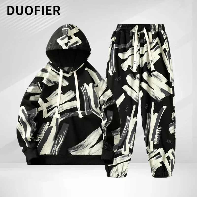 

Harajuku Print Streetwear Men's Set Autumn Cotton Male Tracksuit Long Sleeve Hooded Pullover+Loose Jogging Pants 2 Pieces Sets
