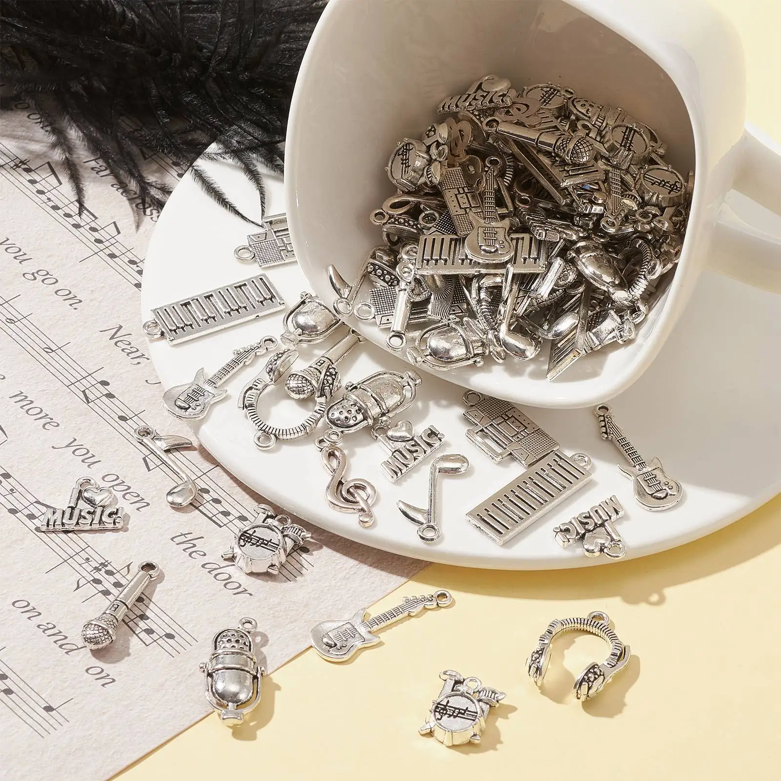 100Pcs 10 Styles Concert Theme Charms Tibetan Musical Instrument Charms Music Sign Guitar Charms for Jewelry Making Crafting