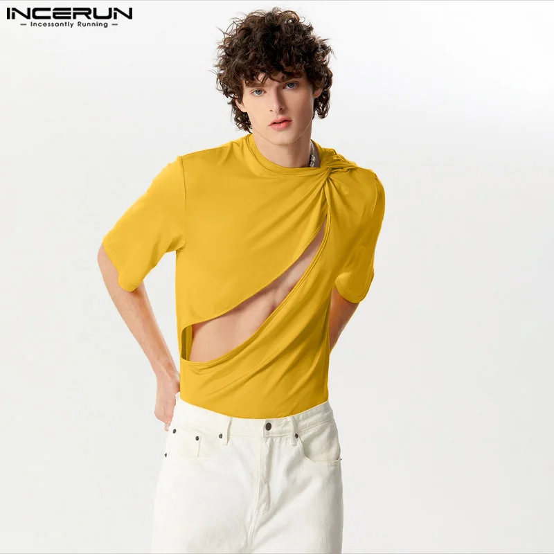 

Топы INCERUN 2024, красивые мужские футболки с открытыми плечами, повседневные однотонные хорошо облегающие футболки с короткими рукавами
