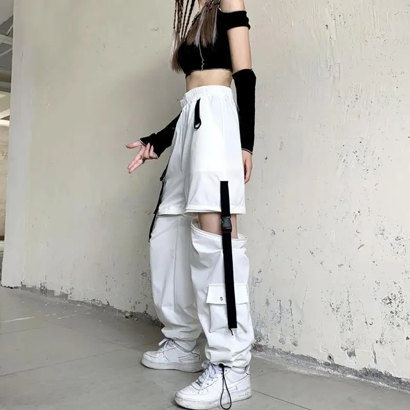 Korean Detachable Y2k Pants Casual Loose Solid High Waist Patchwork Hollow Out Pantalones 2022 Draw String Punk Wide Leg Pant 3