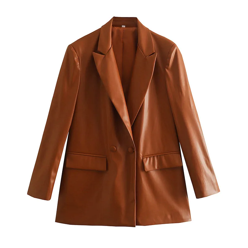 

Solid PU Leather Chic Office Lady Blazers For Women Elegant Stylish Coats 2023 Women's Long Sleeve Double Breasted Slim Blazer
