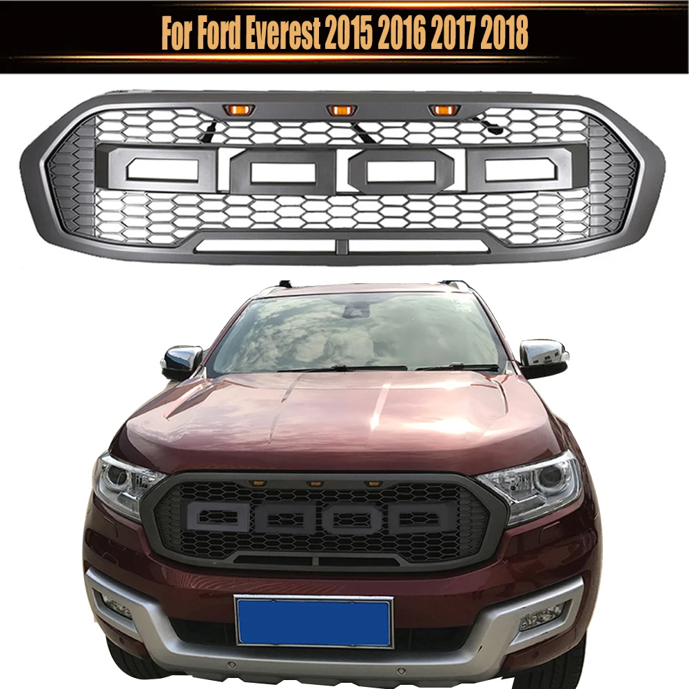 

For Ford Everest 2015 2016 2017 2018 Car Bumper Trims Amber LED Modified Front Racing Grills ABS Grill Mesh Grille Mask Cover