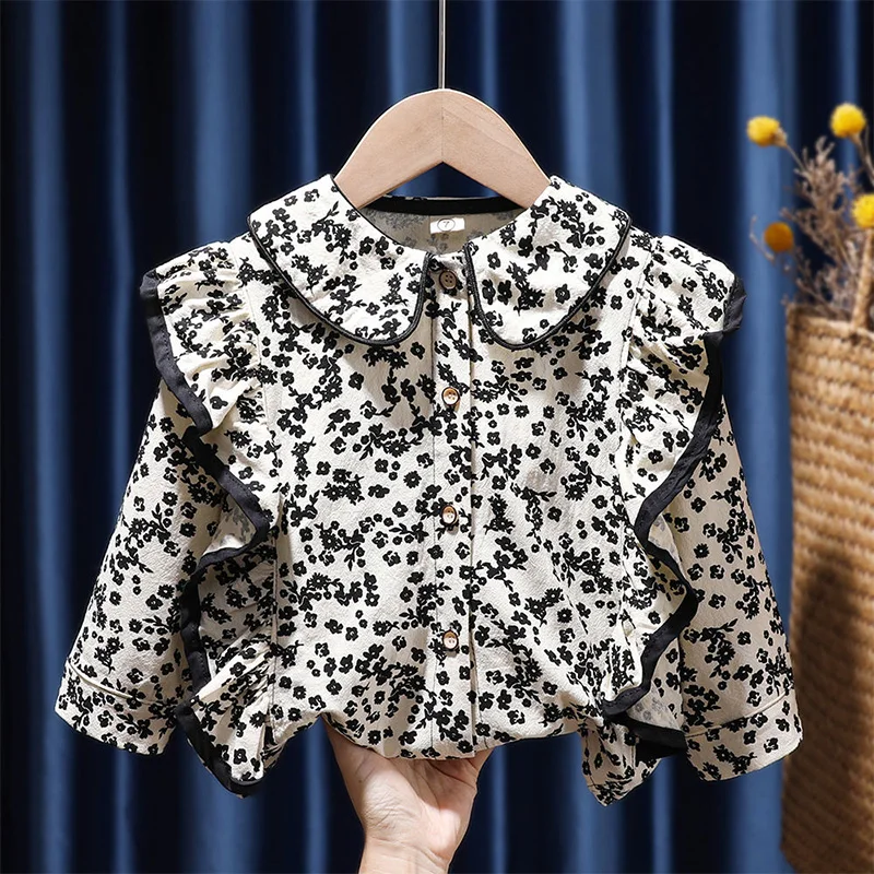 Kids Shirts Fashion Floral Printing Peter Pan Collar Splicing Agaric Edge Contrast Color Button Blouse