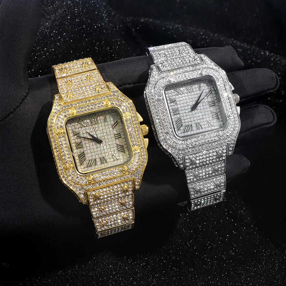 

2022 New Iced Out Women Watch Gold Silver Color Square Diamondd Quartz Luxury Hip Hop Wrist Watches Roman Clock Relogio Feminino
