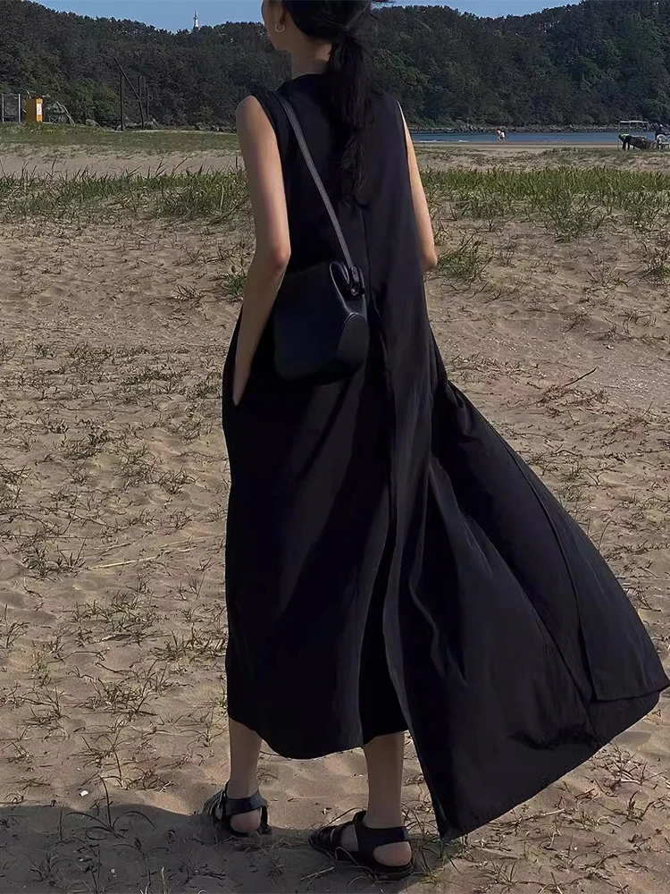 여름 시크 루즈핏 롱 캐주얼 라운드넥 베스트 드레스 비대칭 슬릿 여성 패션 센세이션 한국 스타일 맥시 드레스