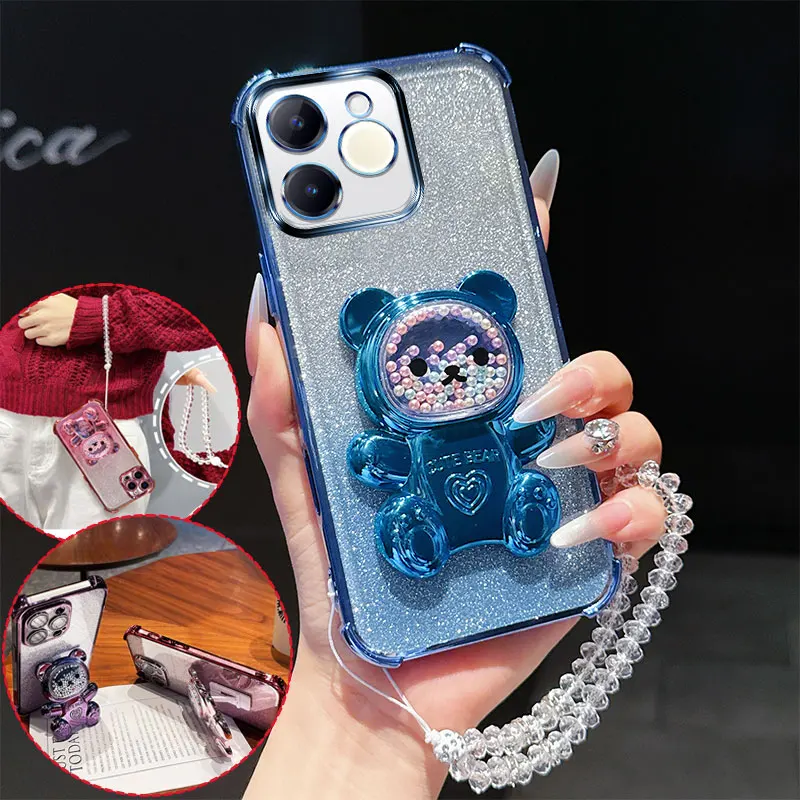 Shockproof Phone Case with Cute Bear Stand and Crystal Chain Lanyard - Glitter Design