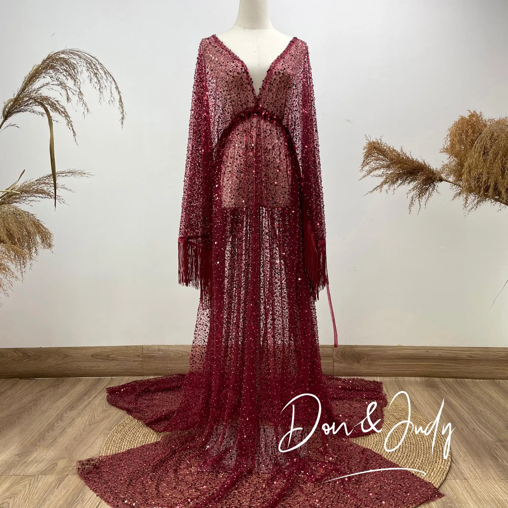 Don&Judy Tüll-Stickerei-Kleid für schwangere Frauen mit Pailletten, Perlen-Quastenkleid, sexy Kleidung mit V-Ausschnitt für die Abendparty – Detail 2