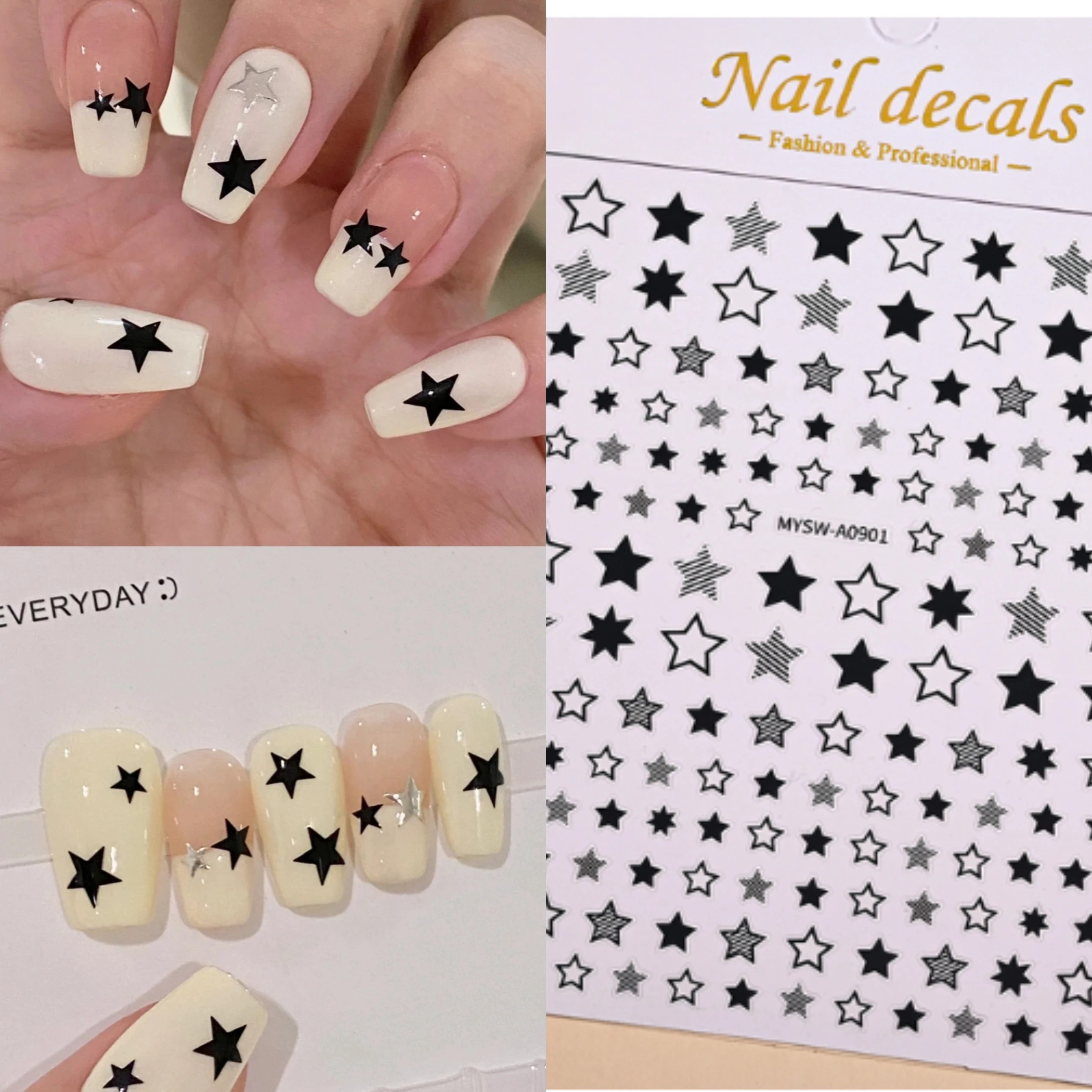 

1PC 3D Black Glitter Silver Star Nail Stickers Holographic Laser Star Transfer Nail Decals DIY Nail Art Sliders Manicure Decors