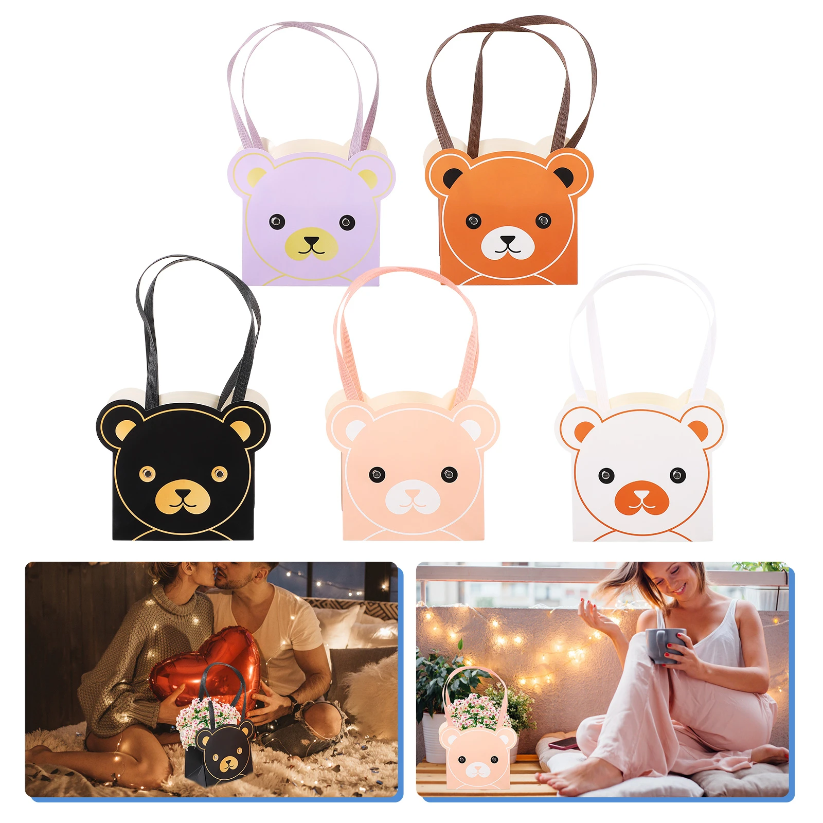 5pcs Valentines Paper Gift Bags Bear Shaped Gift Pouch with Handles Goody Bags