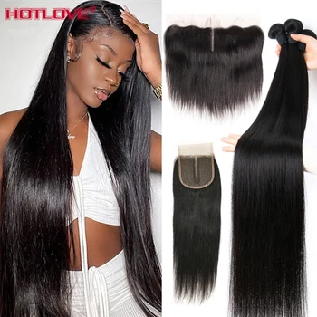 36 38 40 Inch Straight Bundles With Closure Brazilian Hair Weave Bundles With Closure Frontal Pre Plucked Remy Hair Extension 1