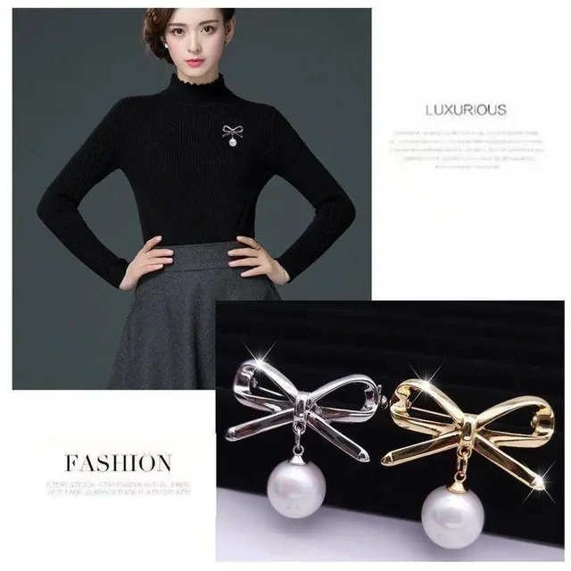 Simple Fashion Bow Brooches for Women Bowknot  Pin Pearl Pendant Safety Lapel Pins  Wedding Jewelry Accessories 4
