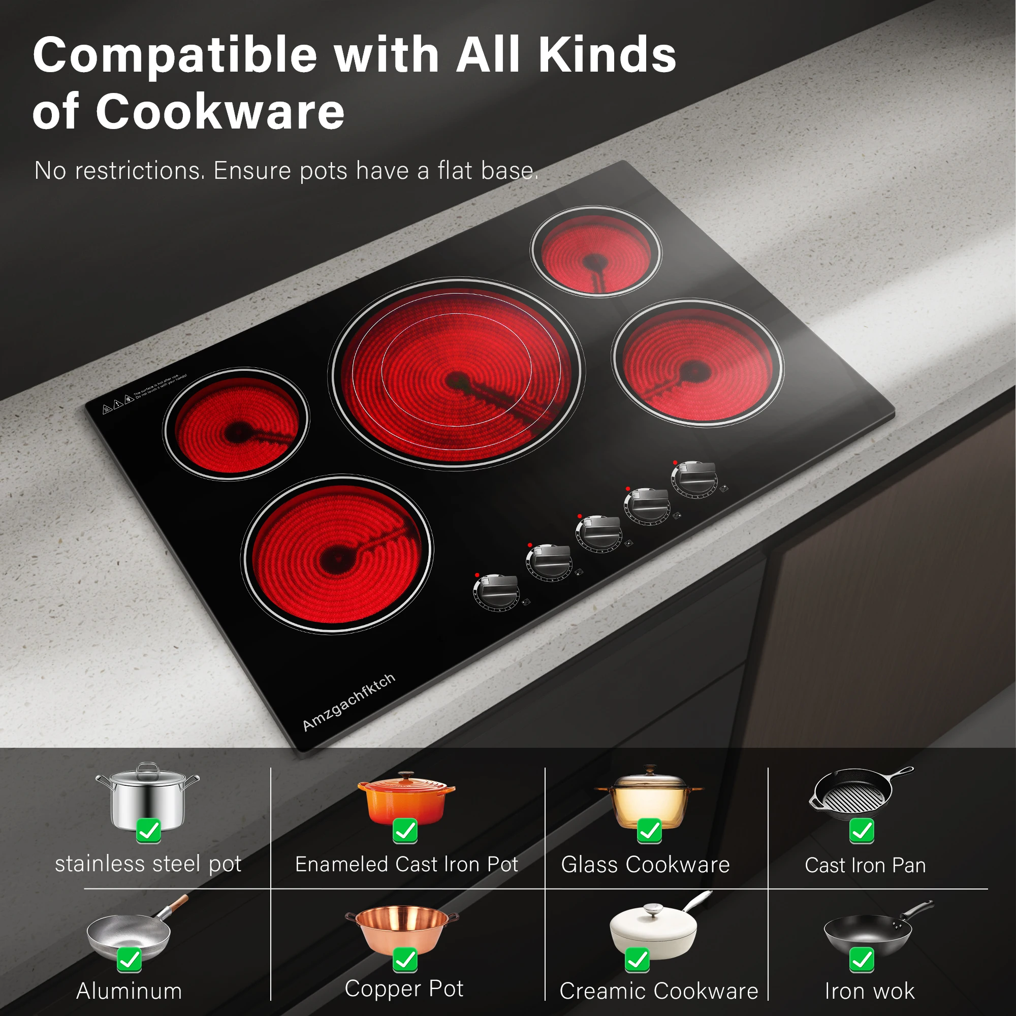 30in 5-Burner Built-In 9000W, Knob Control Ceramic Stove Easy Clean, No Radiation Family-Safe Electric Cooktop 6