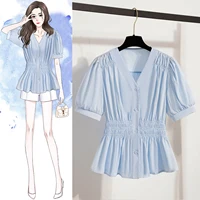 Plus Size Chiffon Blouse Women Summer 2025 New Fashionable V Neck Short Sleeve Big Size Women Tops Elastic Waist Shirts Blouses - Image 3