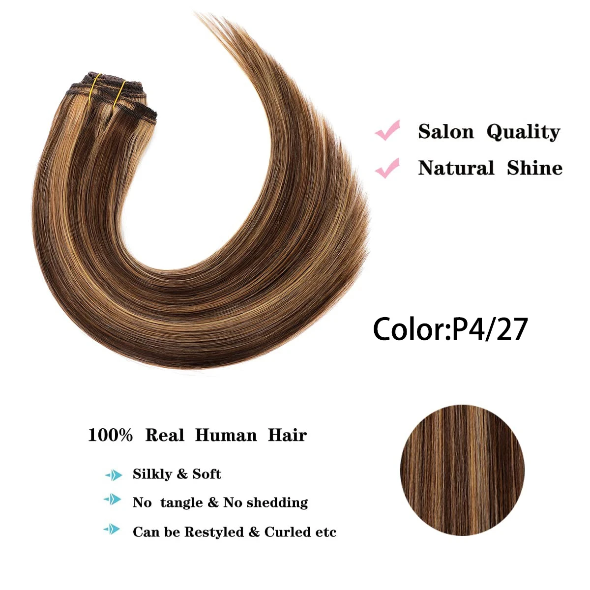 Straight Hair Clip In Human Hair Extensions Real Human #4/27 Brown Highlights Blonde Clip Ins Remy For Women 120G